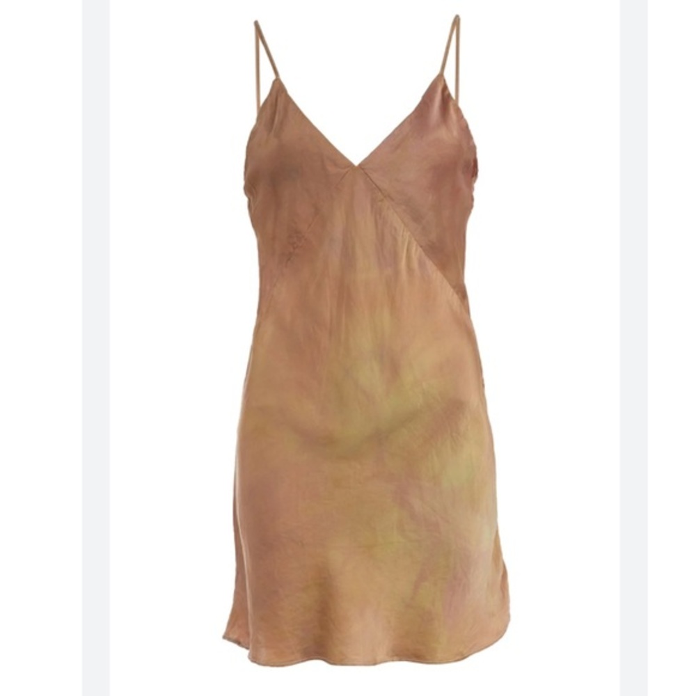 SVNR Dress Vee Mini Slip Silk Ruched in Cream Green